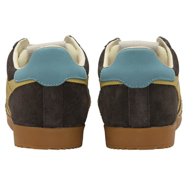 Gola Elan Ladies suede trainers in mocha, pollen, and ocean colors with lace-up design and gum sole.