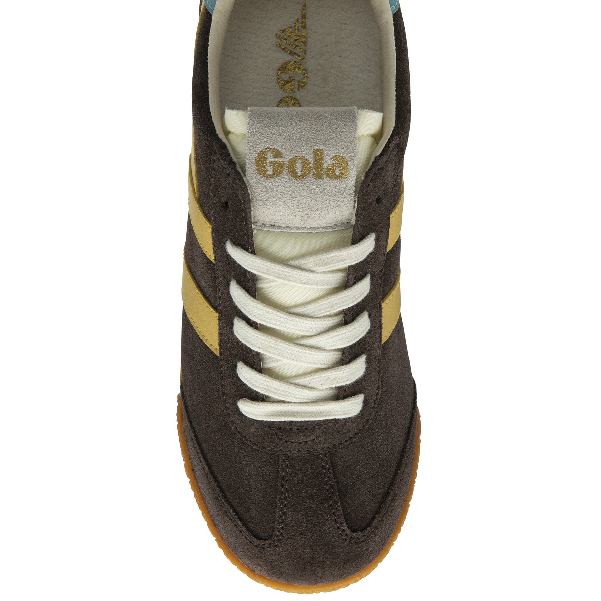 Gola Elan women's trainers in mocha, pollen, ocean suede with lace-up design and yellow side stripes.