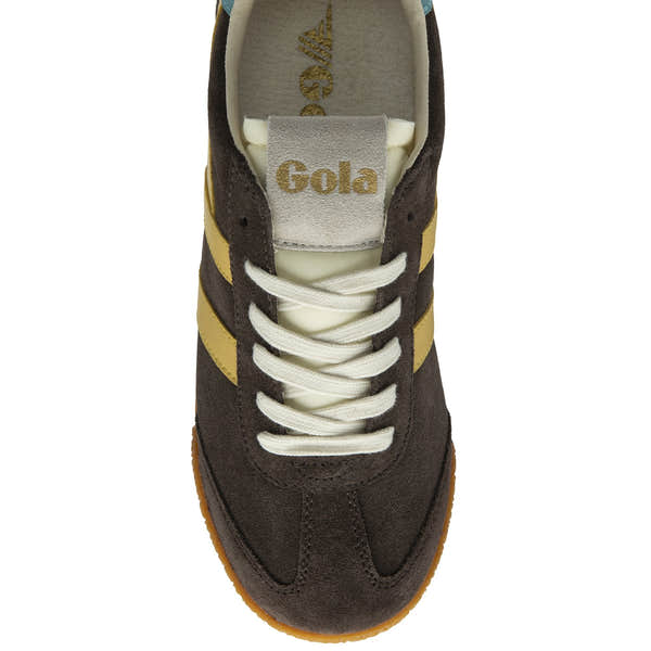 Gola Elan women's trainers in mocha, pollen, ocean suede with lace-up design and yellow side stripes.