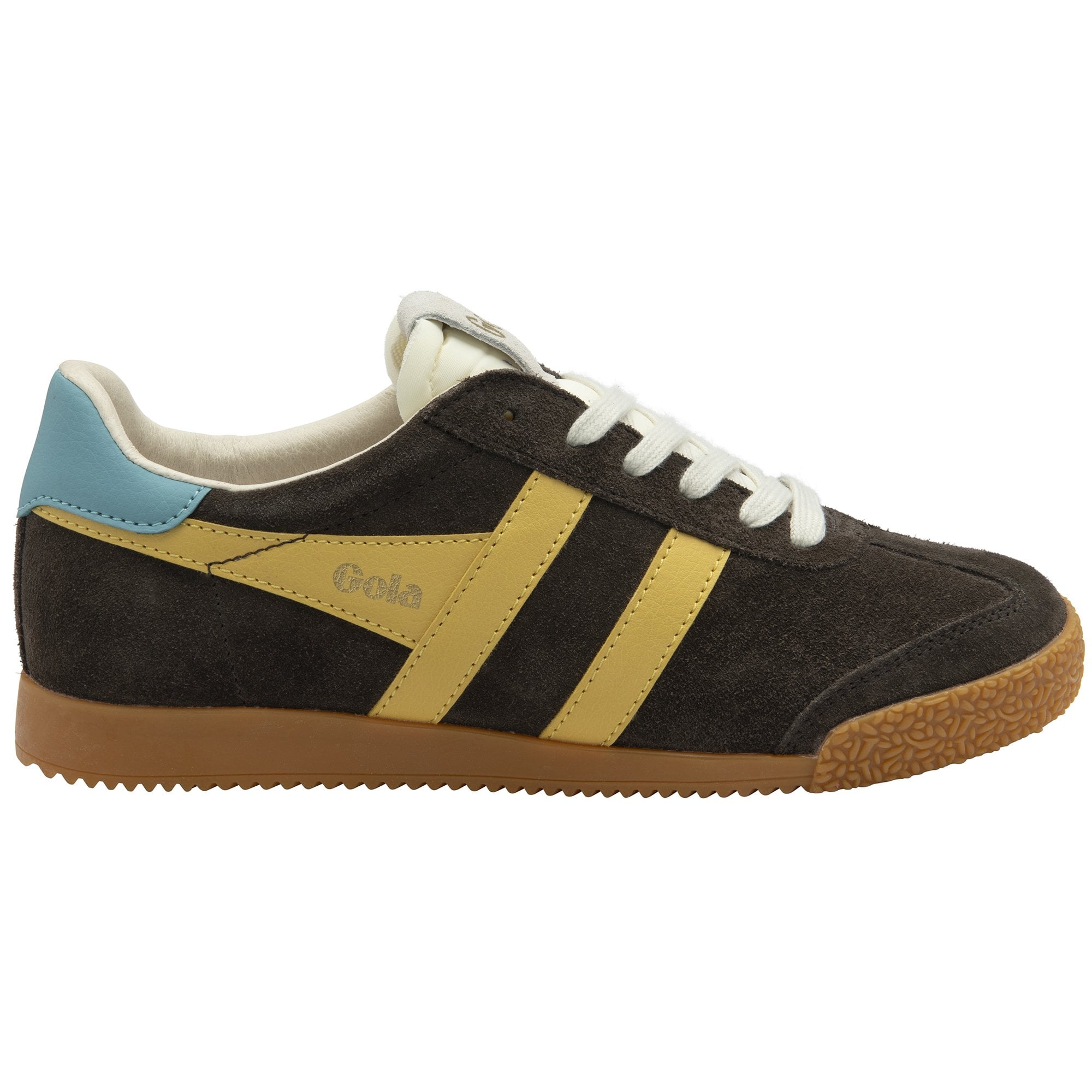 Gola Elan ladies suede lace-up trainers in mocha, pollen, and ocean colors with rubber sole and retro design.