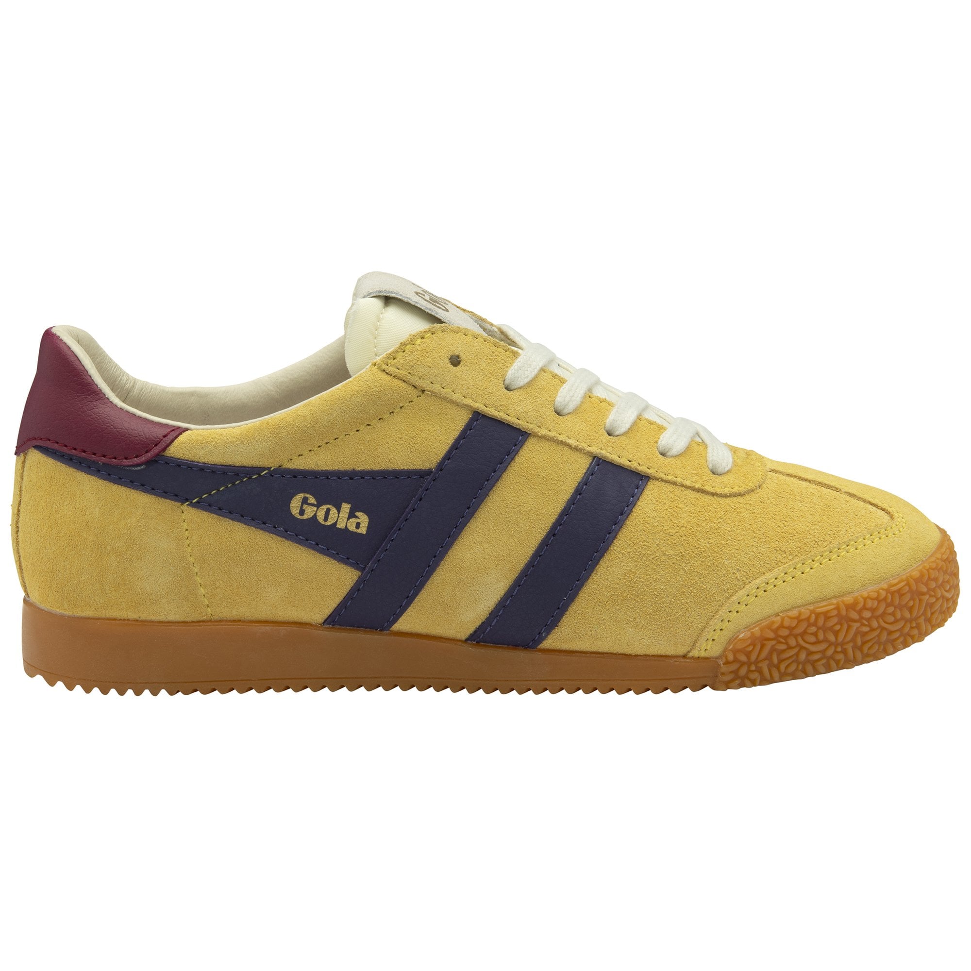 Gola Elan ladies suede lace-up trainers in pollen, plum, and cerise with navy stripes and rubber sole.