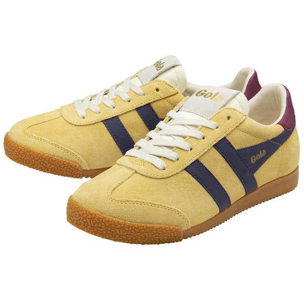 Gola Elan women's suede lace-up trainers in pollen, plum and cerise with navy accents and rubber sole.