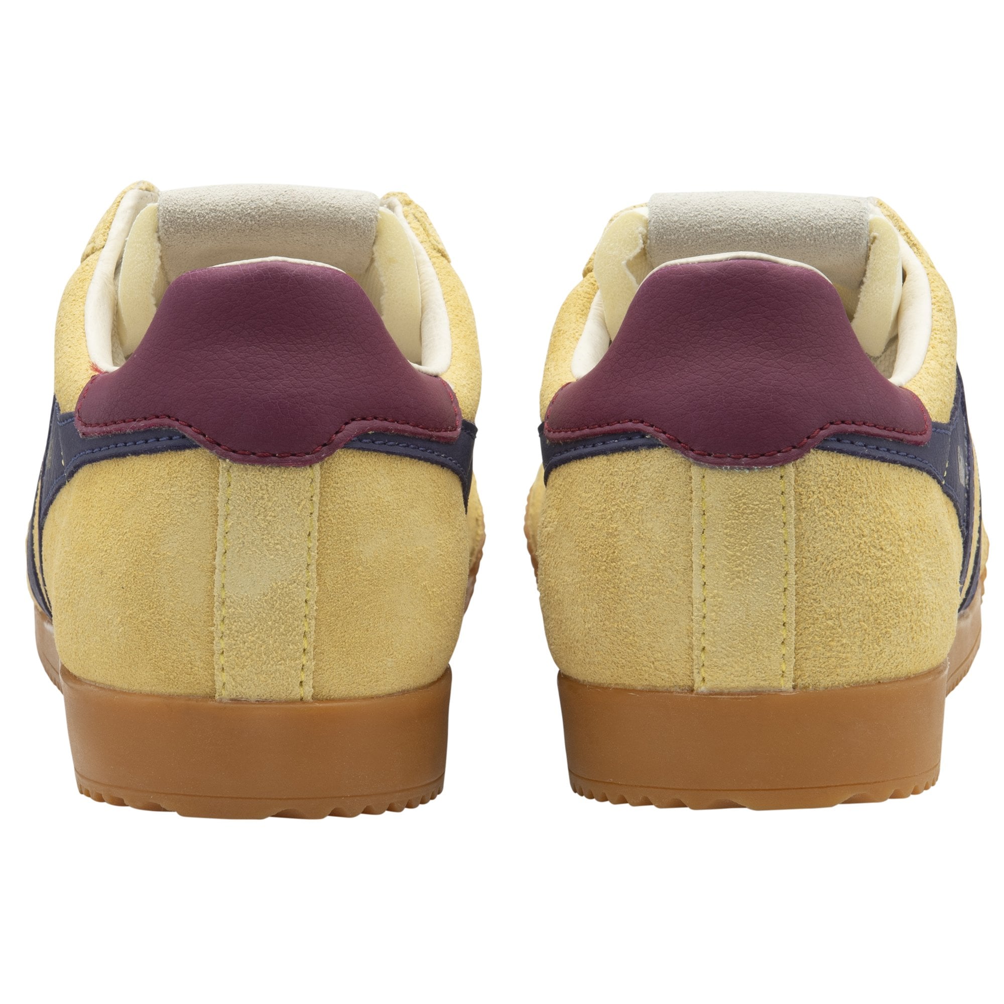 Gola Elan Ladies Suede Lace-Up Trainers in Pollen, Plum, and Cerise with yellow suede, red heel detail, and gum sole.