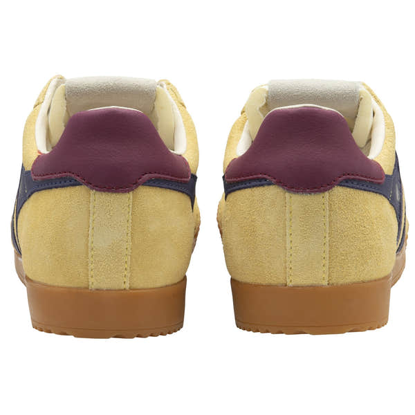 Gola Elan Ladies Suede Lace-Up Trainers in Pollen, Plum, and Cerise with yellow suede, red heel detail, and gum sole.
