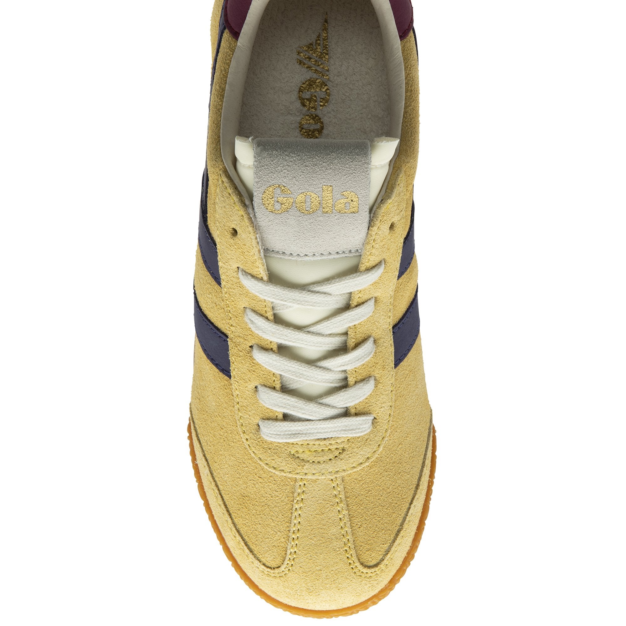 Gola Elan women's suede lace-up trainers in pollen, plum, and cerise colors with gum sole and white laces.