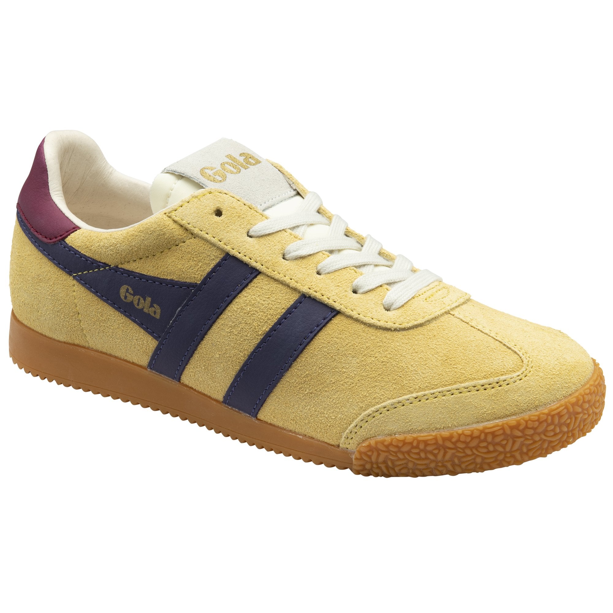 Gola Elan ladies suede lace-up trainers in pollen, plum, and cerise with navy accents and gum sole.
