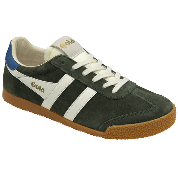 Gola Elan men's dark khaki, off-white, and sapphire suede lace-up trainers with white stripes and gum sole.