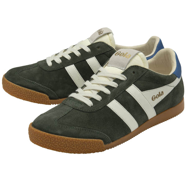 Gola Elan men's dark khaki, off-white, and sapphire suede lace-up trainers with gum soles.