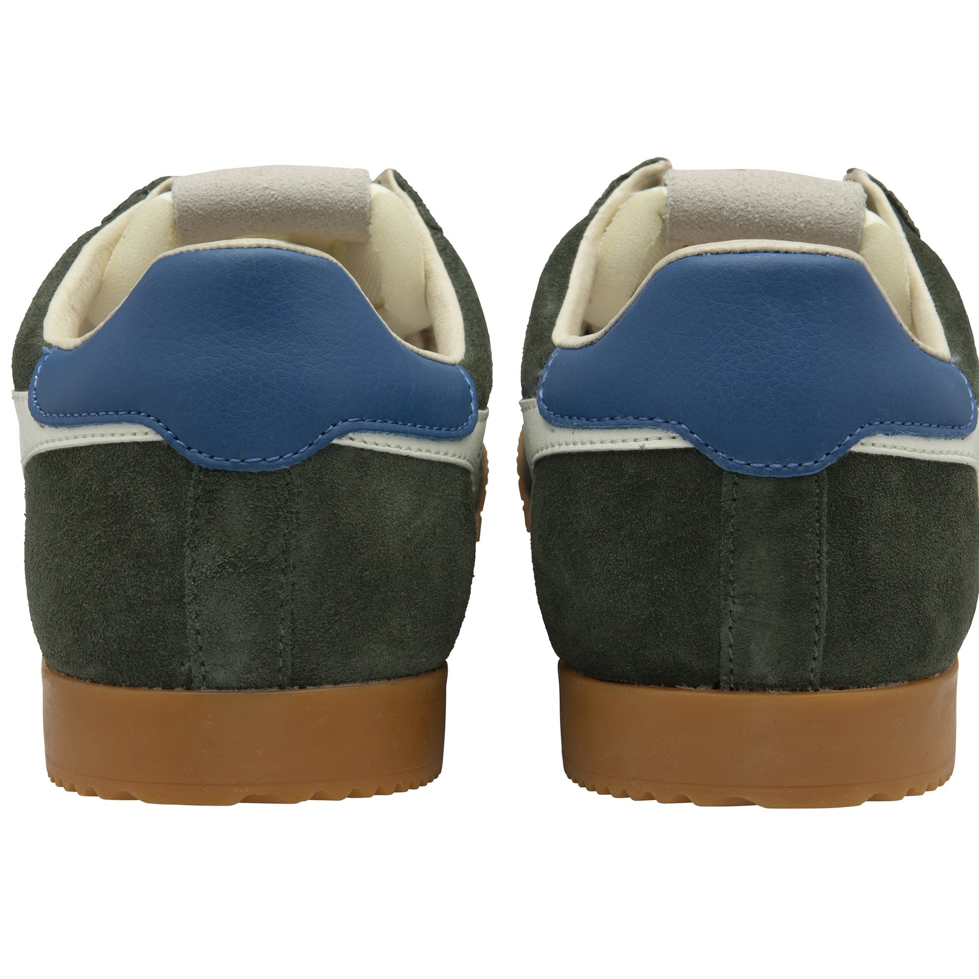Gola Elan men's dark khaki, off-white, and sapphire suede lace-up trainers with gum sole and padded collar.