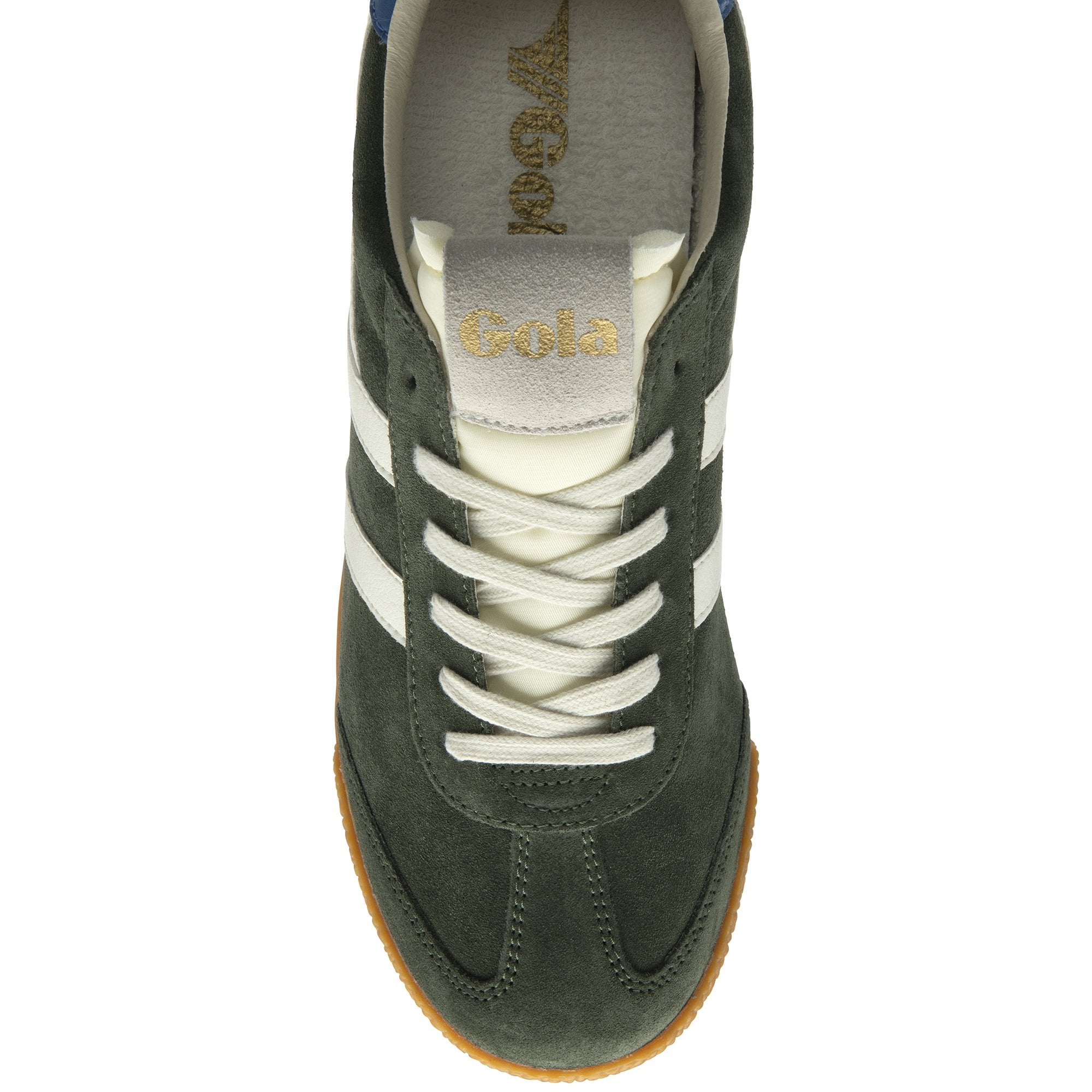 Gola Elan men's dark khaki, off-white, and sapphire suede lace-up trainers with white accents and gum sole.