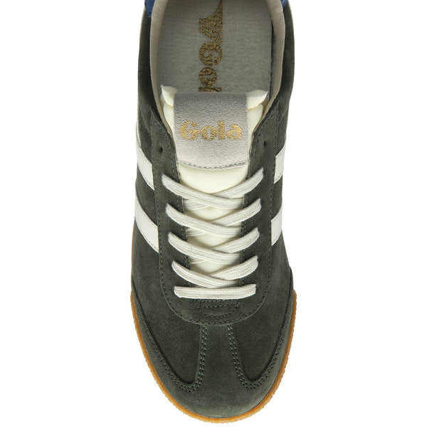 Gola Elan men's dark khaki, off-white, and sapphire suede lace-up trainers with white accents and gum sole.