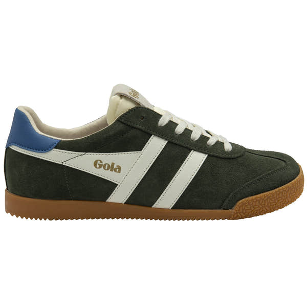 Gola Elan men's suede trainer in dark khaki, off white and sapphire with lace-up design and gum sole.