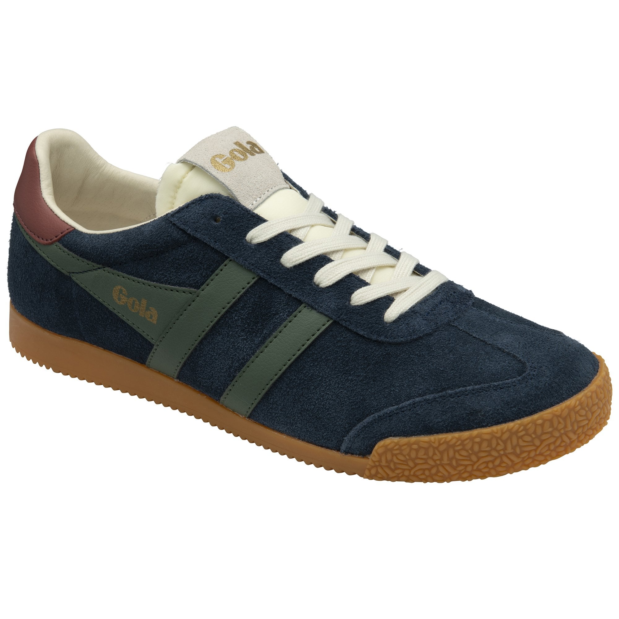 Gola Elan men's navy, sage, and red ochre suede lace-up trainers with gum sole, stylish and casual footwear.
