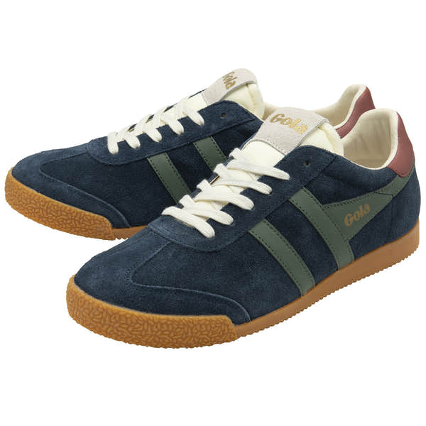 Gola Elan men's suede trainers in navy, sage, and red ochre with rubber sole and lace-up detail.
