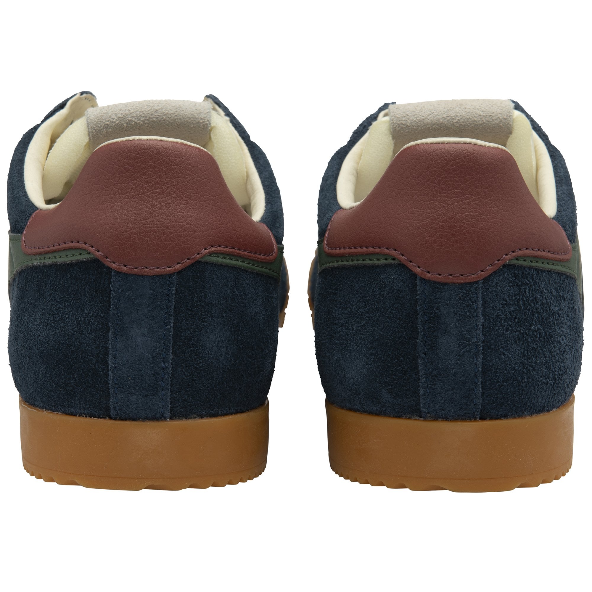 Gola Elan men's suede lace-up trainers in navy, sage, and red ochre with brown heel detail and gum sole.