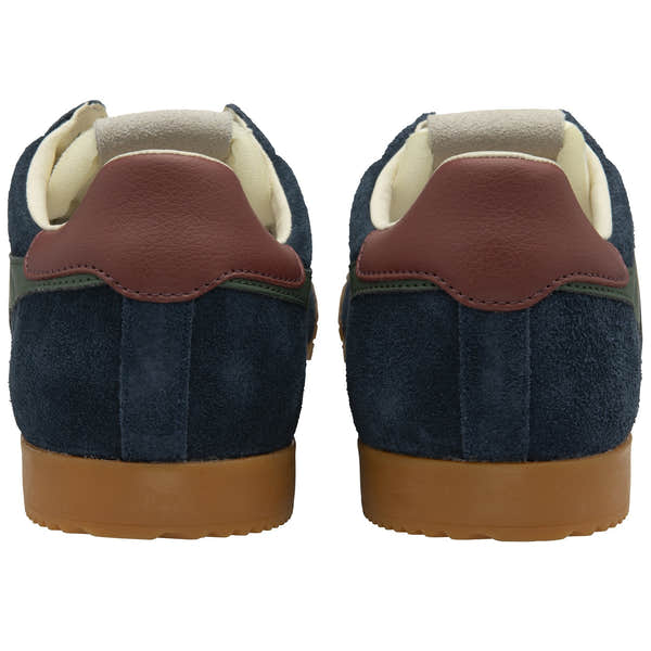 Gola Elan men's suede lace-up trainers in navy, sage, and red ochre with brown heel detail and gum sole.