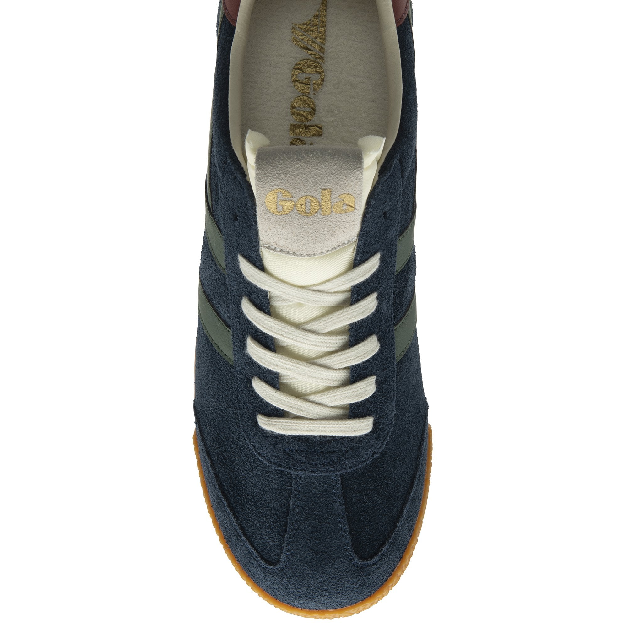 Gola Elan men's suede lace-up trainers in navy, sage, and red ochre with gum sole and cream laces.