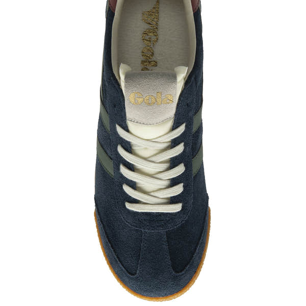 Gola Elan men's suede lace-up trainers in navy, sage, and red ochre with gum sole and cream laces.