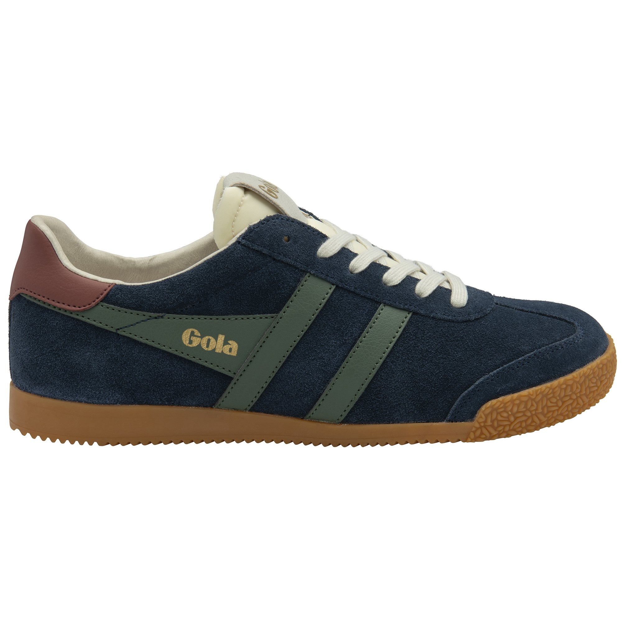 Gola Elan men's navy, sage, and red ochre suede lace-up trainers with gum sole, stylish athletic footwear.