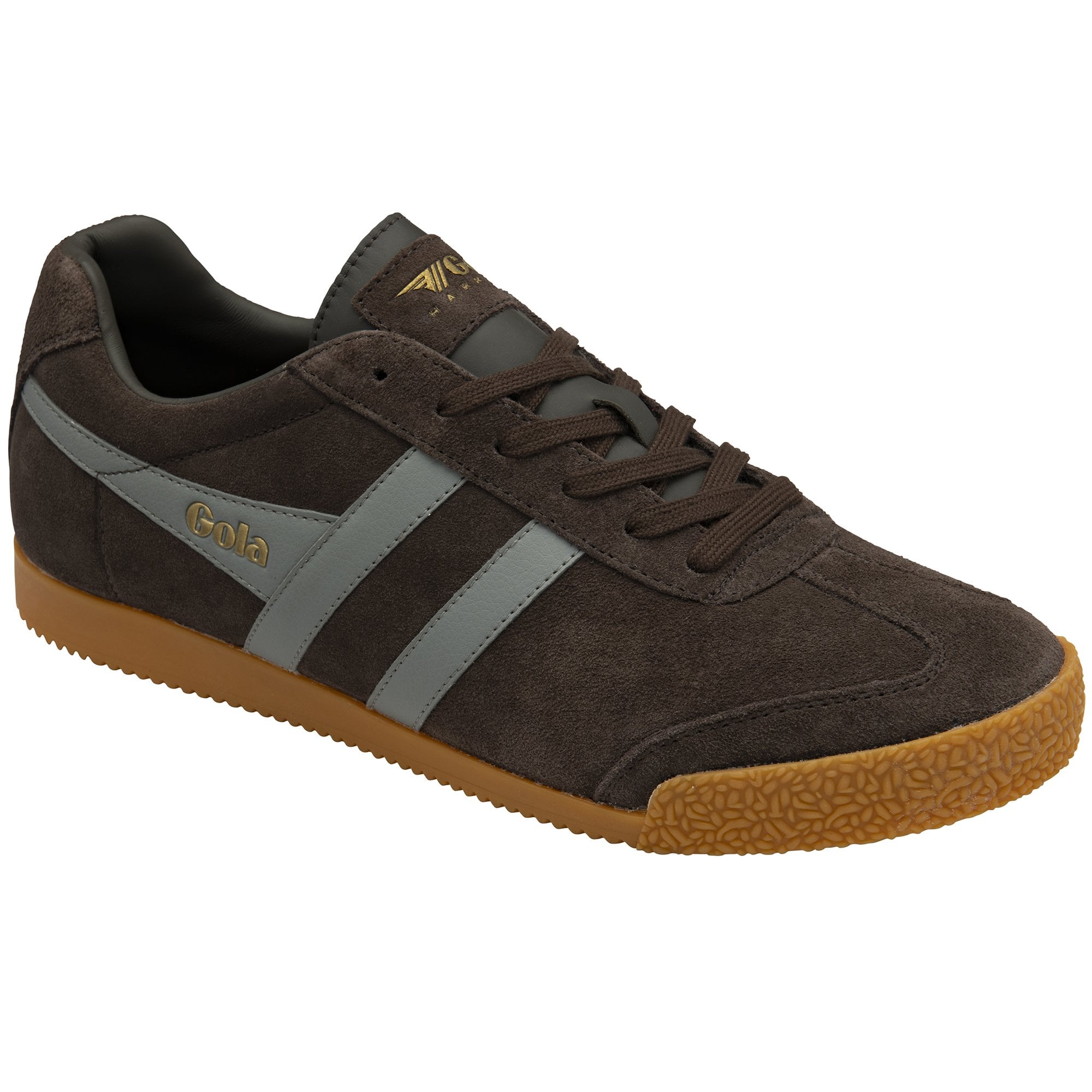 Gola Harrier men's mocha/cement suede lace-up trainers with grey stripes and gum sole.