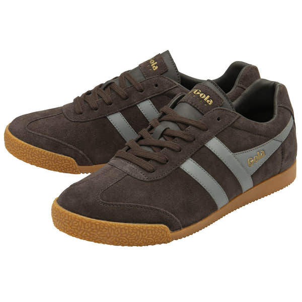 Gola Harrier men's mocha and cement suede lace-up trainers with gum rubber soles and grey stripe accents.