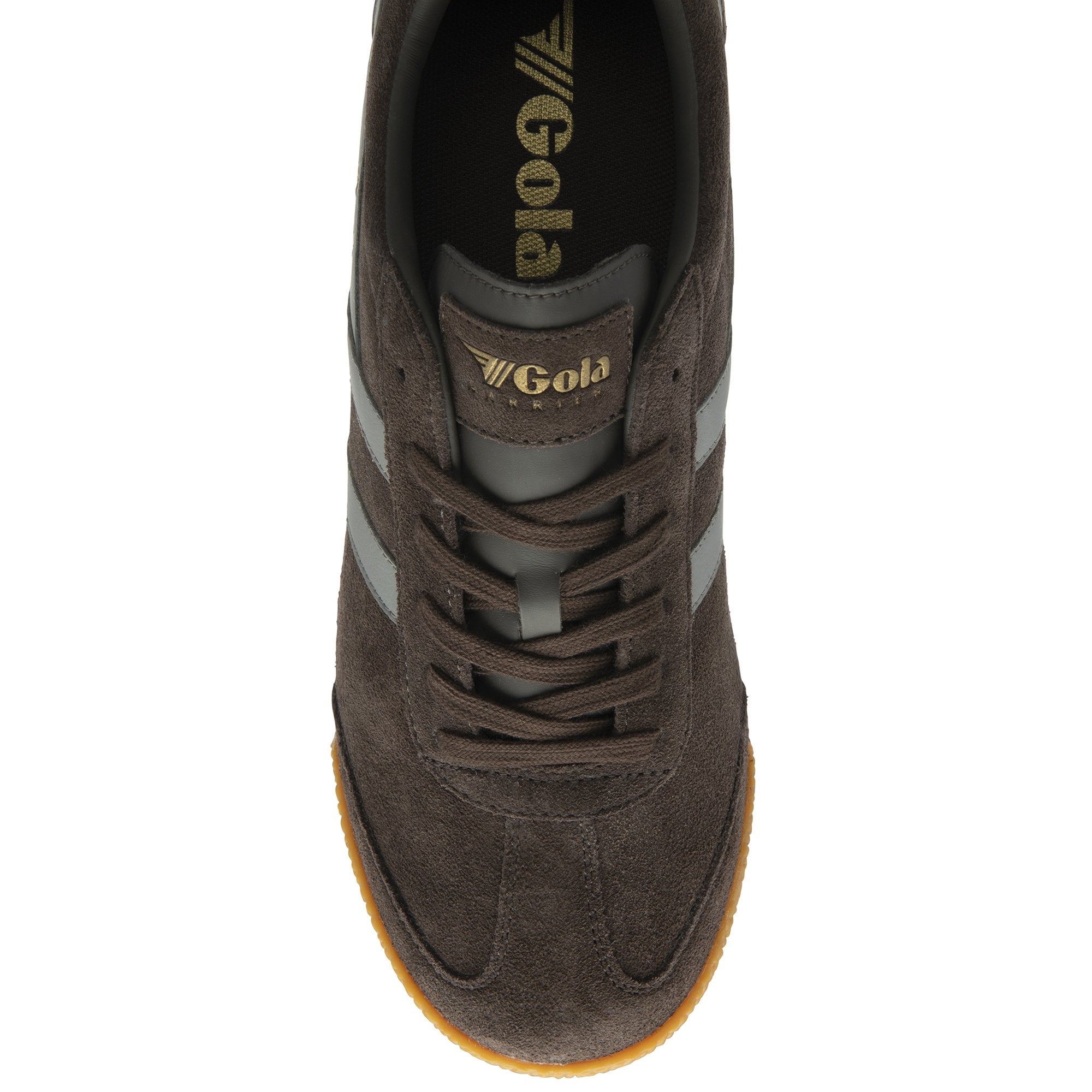 Gola Harrier men's mocca/cement suede lace-up trainers with reflective details and a gum sole.