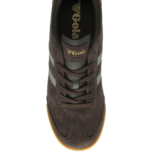 Gola Harrier men's mocca/cement suede lace-up trainers with reflective details and a gum sole.