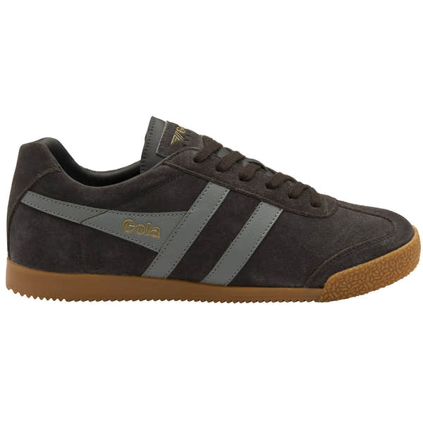 Gola Harrier men's mocha/cement suede lace-up trainers with gray stripes and gum sole.