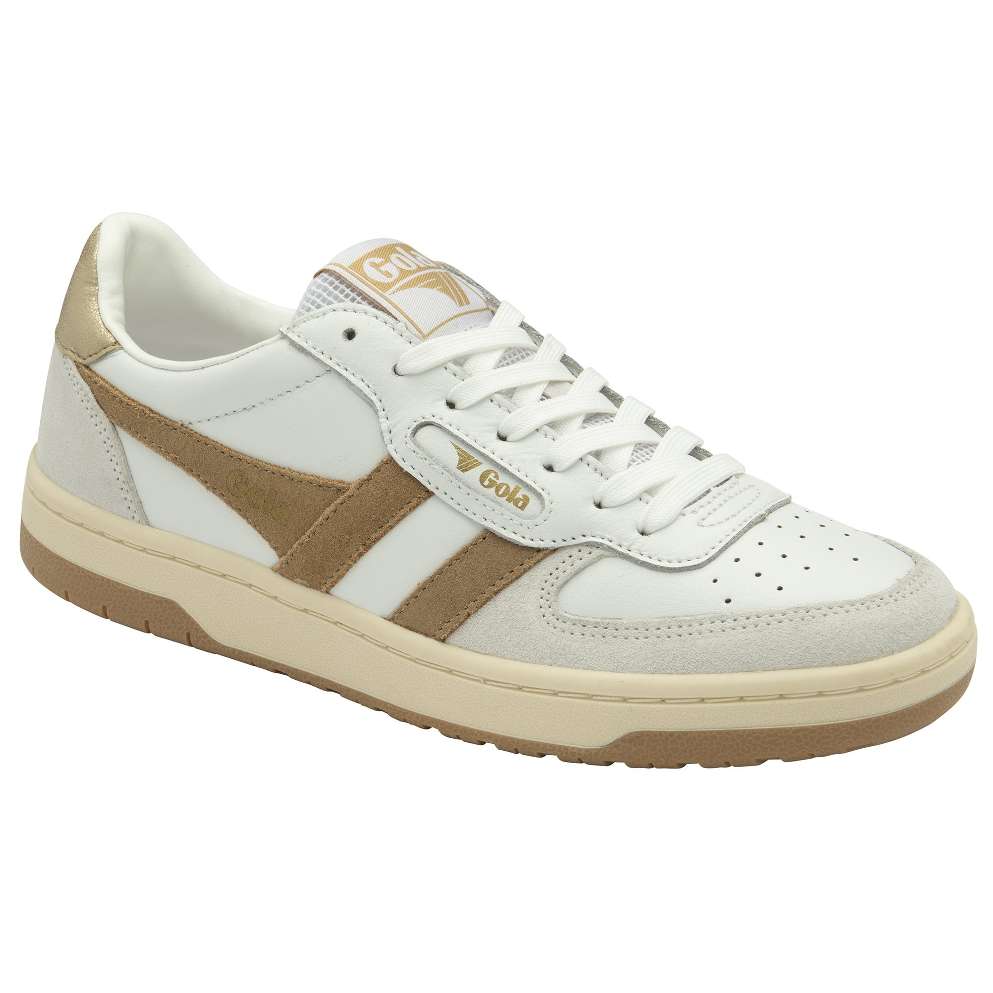 Gola Hawk Ladies White/Light Caramel/Gold Leather Lace Up Trainers-elevate your sole