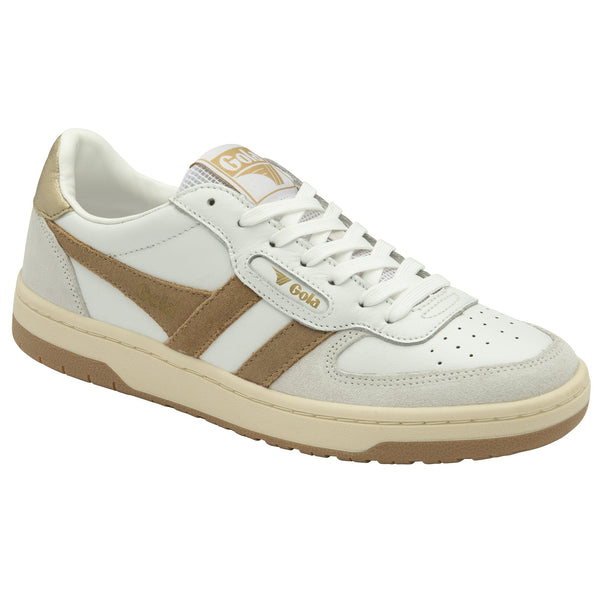 Gola Hawk Ladies White/Light Caramel/Gold Leather Lace Up Trainers-elevate your sole