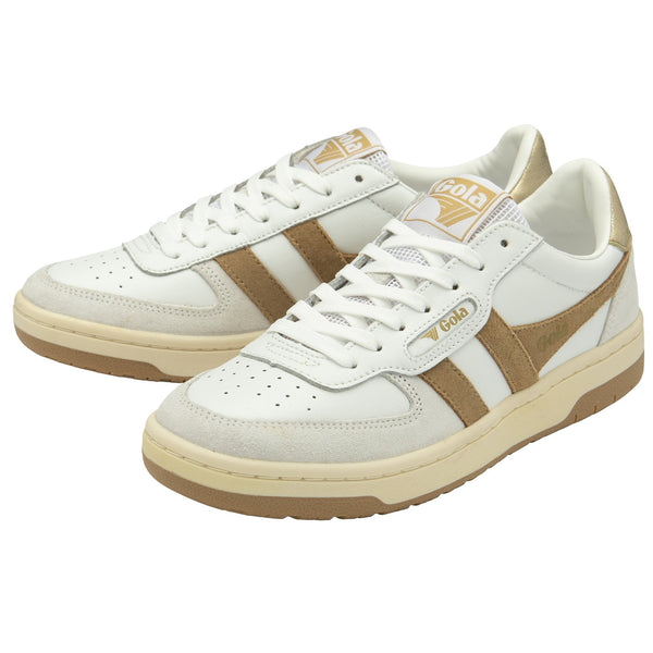 Gola Hawk Ladies White/Light Caramel/Gold Leather Lace Up Trainers-elevate your sole