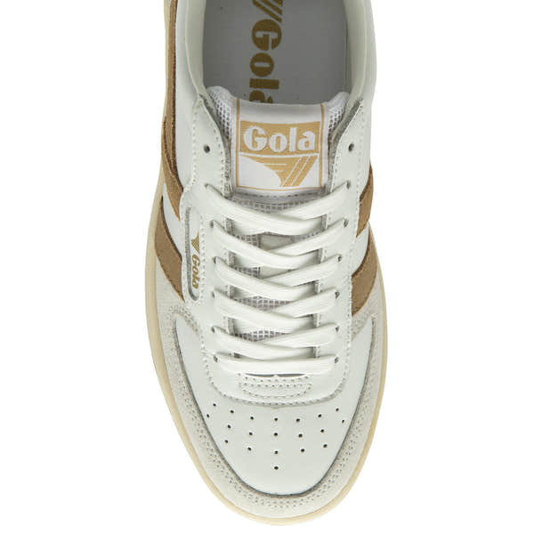 Gola Hawk Ladies White/Light Caramel/Gold Leather Lace Up Trainers-elevate your sole