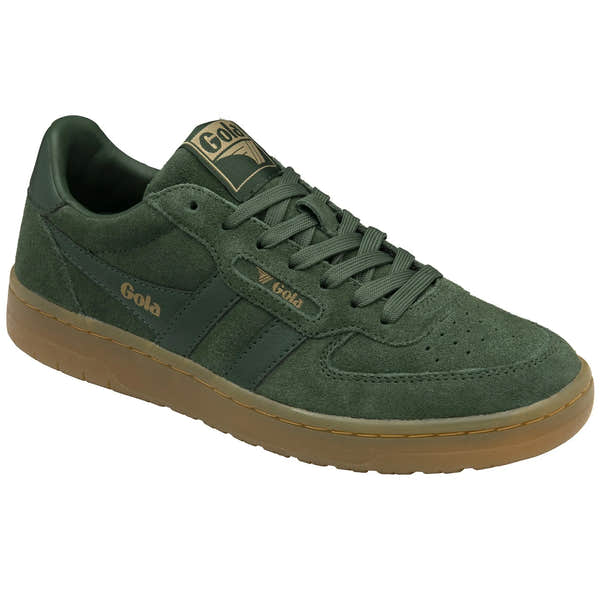 Gola Hawk Suede 86 women's lace-up trainers in evergreen and gum color, featuring suede upper and cushioned sole.