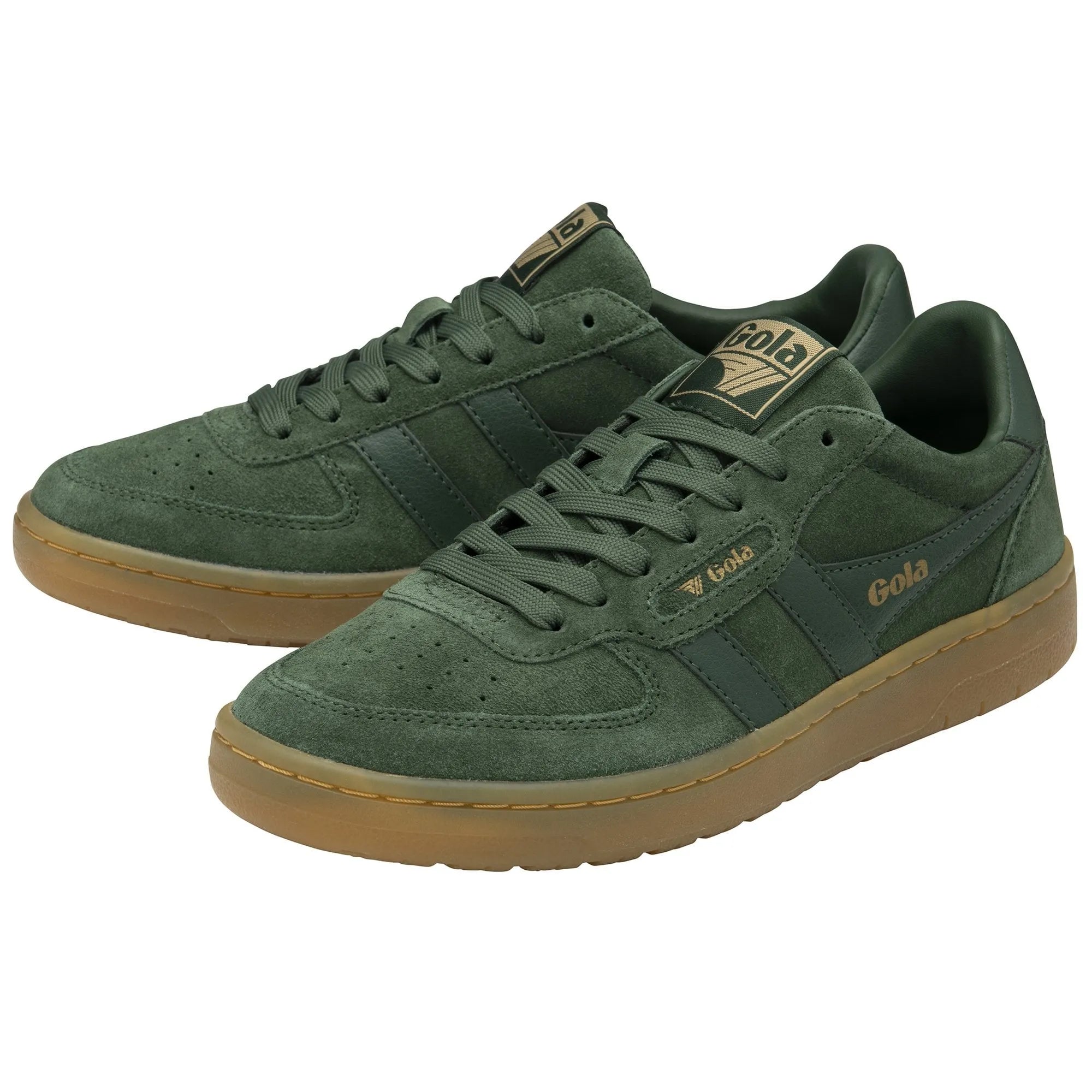 Gola Hawk Suede 86 ladies' evergreen/gum lace-up trainers with suede and synthetic upper, cushioned collar, and rubber sole.
