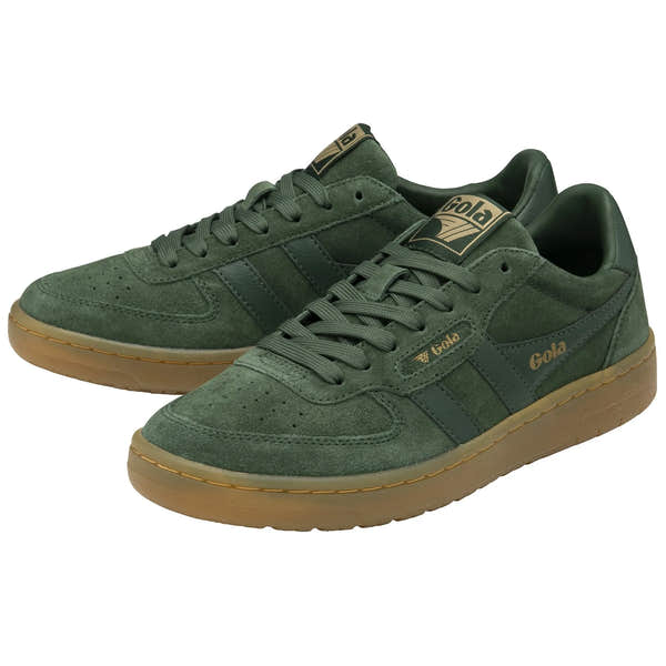 Gola Hawk Suede 86 ladies' evergreen/gum lace-up trainers with suede and synthetic upper, cushioned collar, and rubber sole.