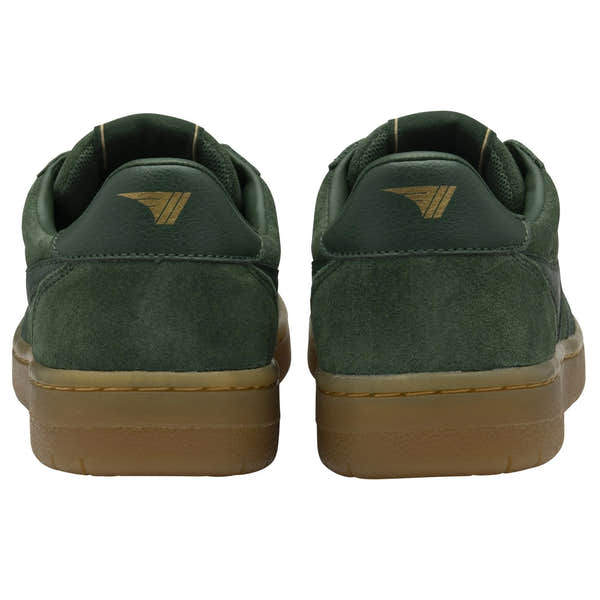 Gola Hawk Suede 86 ladies trainers in evergreen and gum with lace-up design, suede and leather upper, cushioned interior, and rubber sole.