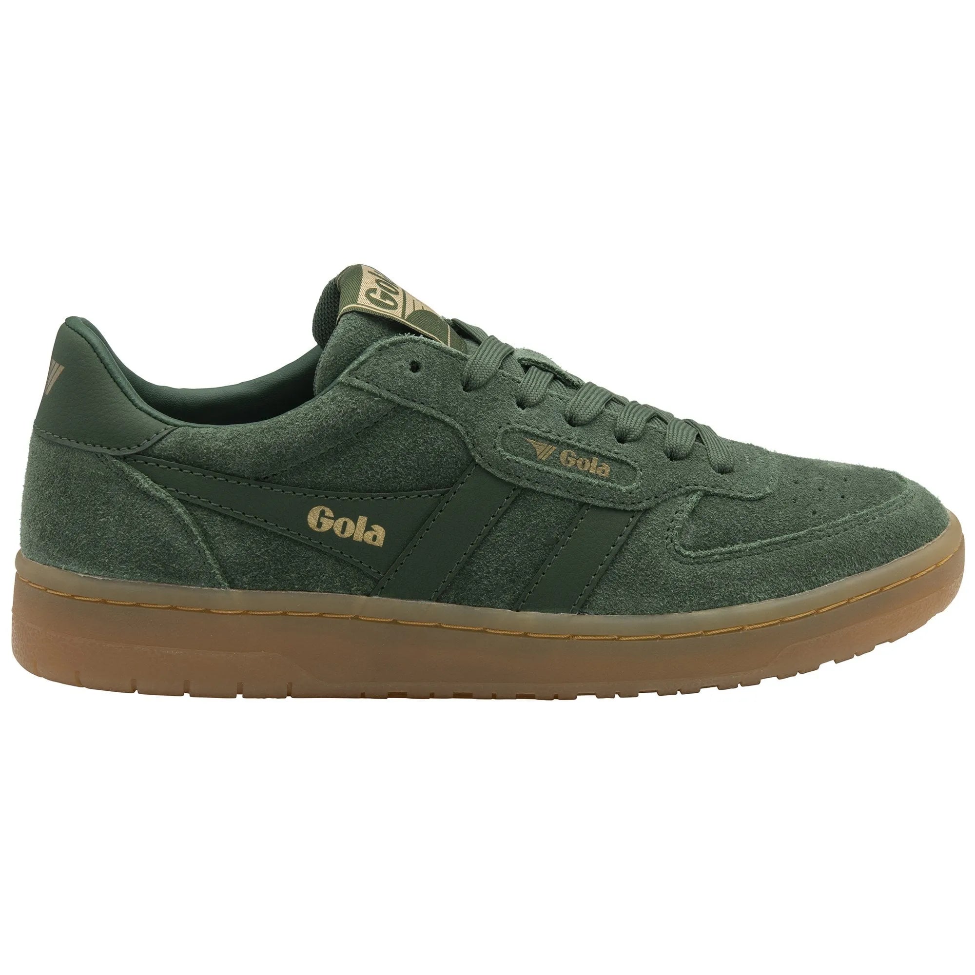 Gola Hawk Suede 86 Ladies Trainers in Evergreen/Gum with lace-up design and beige sole.