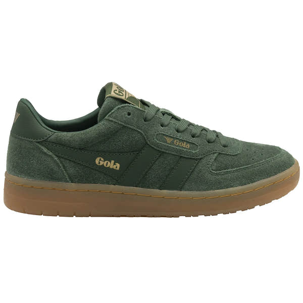 Gola Hawk Suede 86 Ladies Trainers in Evergreen/Gum with lace-up design and beige sole.