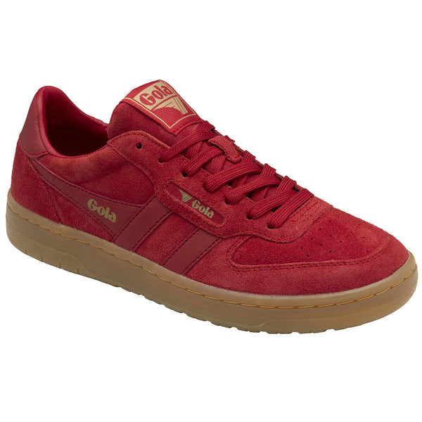 Gola Hawk Suede 86 women's red and gum lace-up trainers with suede upper and beige sole.