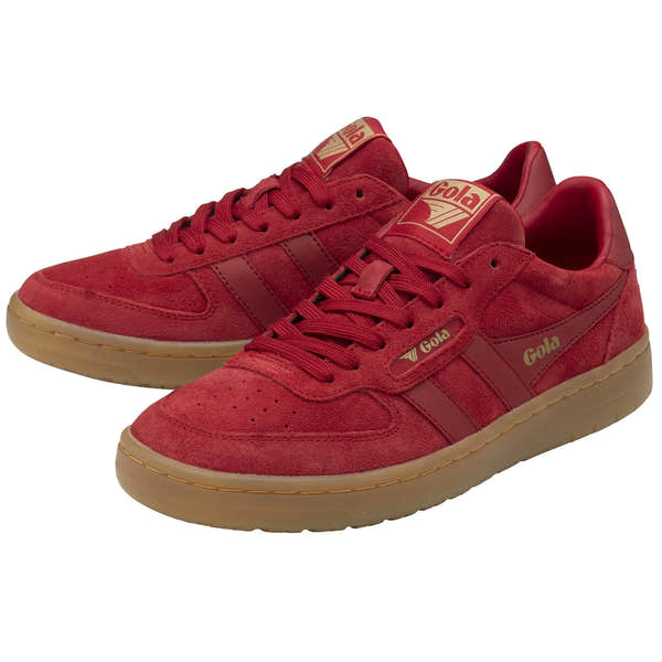 Gola Hawk Suede 86 women's red and gum lace-up trainers with suede and leather details, featuring a flat rubber sole.