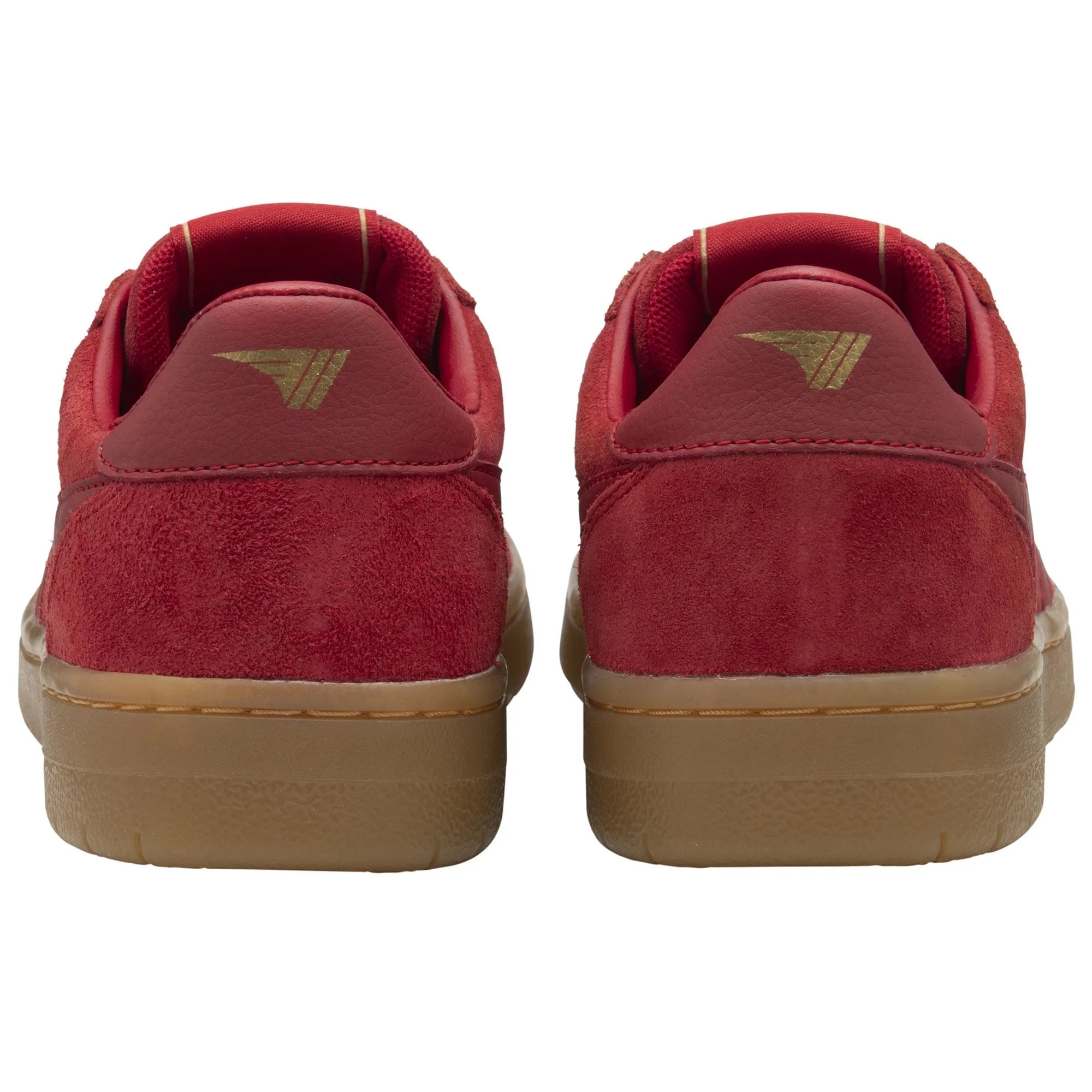 Gola Hawk Suede 86 Ladies Red and Gum Lace-Up Trainers, back view showcasing red suede and leather upper with gold logo details.