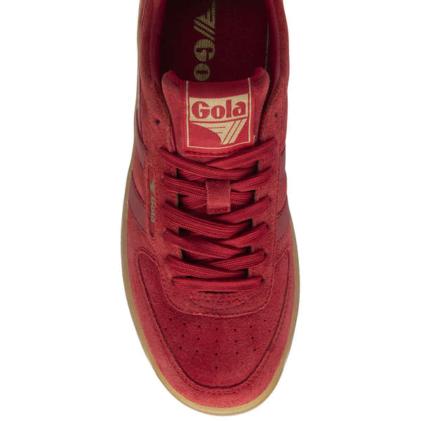 Red Gola Hawk Suede 86 ladies lace-up trainers with gum rubber sole and suede upper, featuring brand logo on tongue.