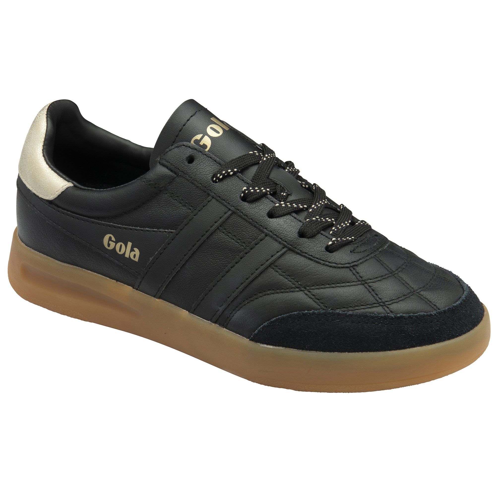 Gola Stadia leather women's trainers in black, gold accents, gum sole, lace-up design, stylish athletic footwear.