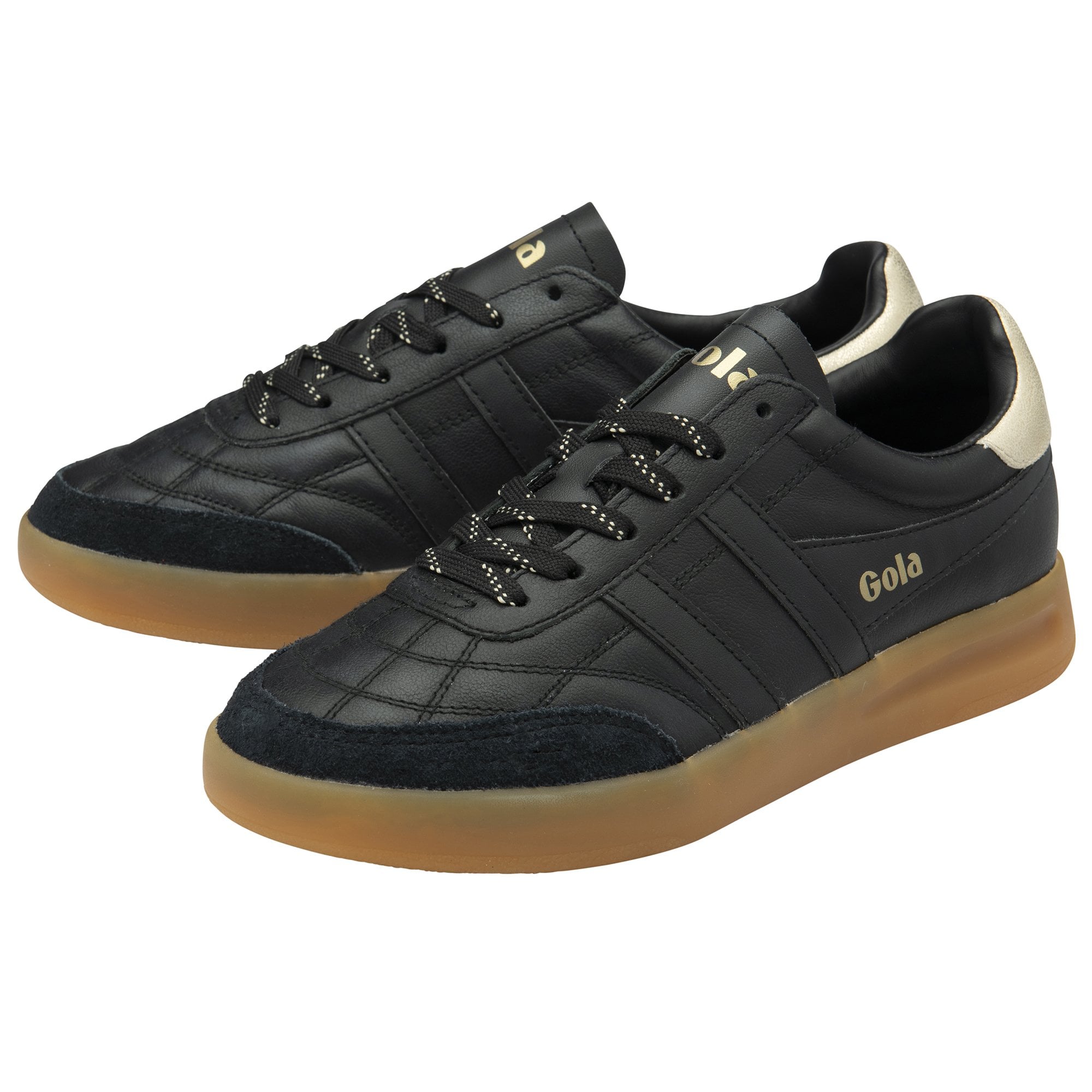 Gola Stadia leather ladies' black, gold, and gum lace-up trainers with black and white laces and cushioned soles.