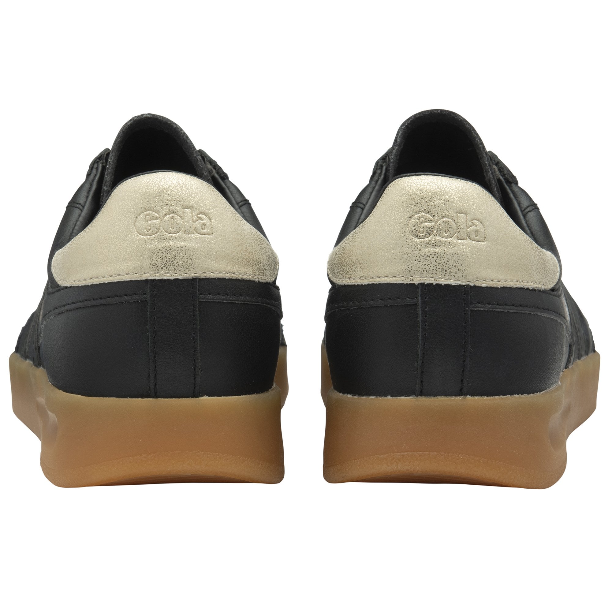 Gola Stadia Leather Ladies black, gold, and gum lace-up trainers, crafted with leather, featuring a stylish design and rubber sole.