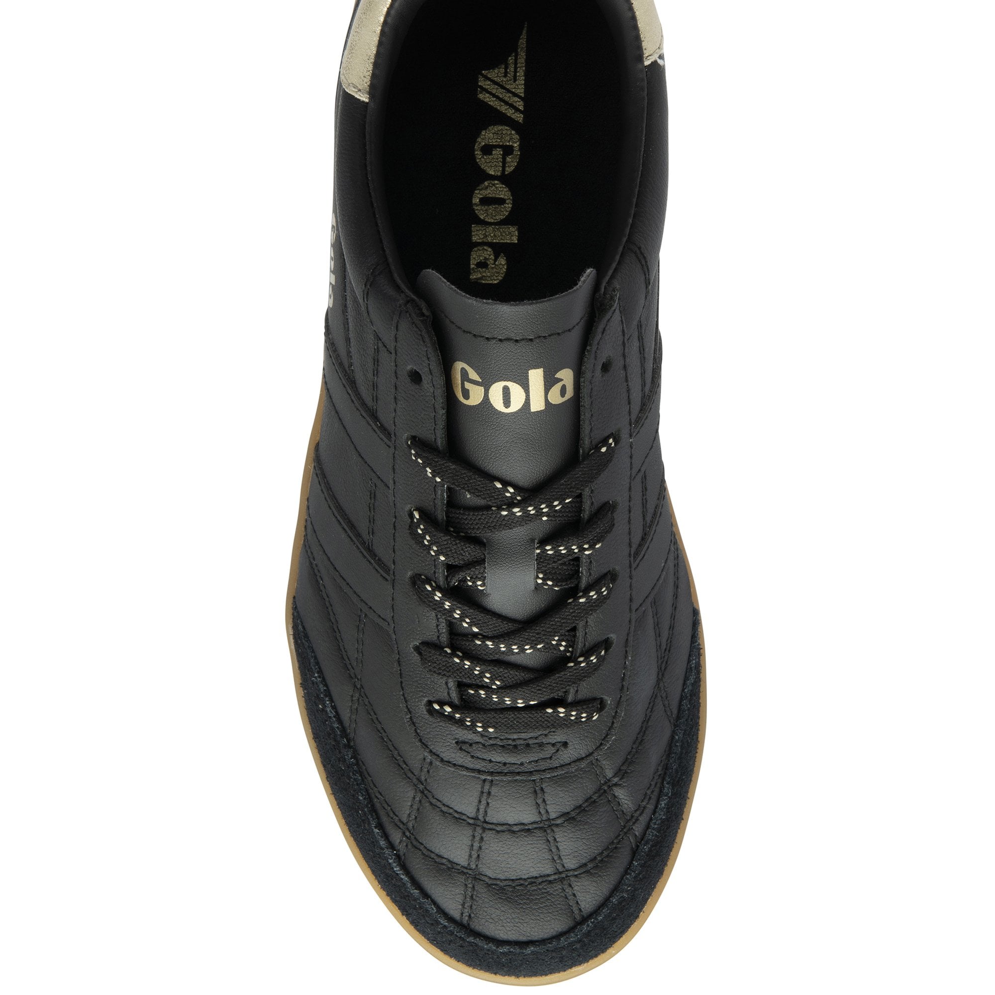 Gola Stadia leather women's trainers in black, gold, and gum leather, lace-up design, stylish and casual footwear.