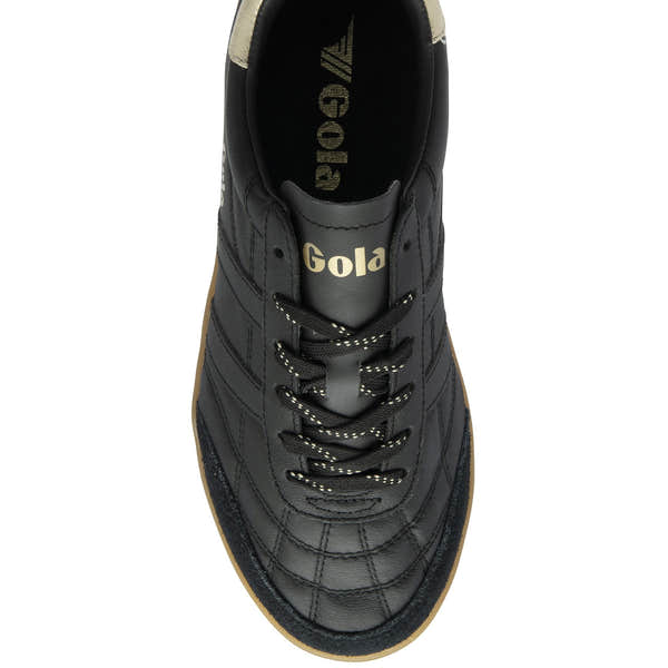 Gola Stadia leather women's trainers in black, gold, and gum leather, lace-up design, stylish and casual footwear.