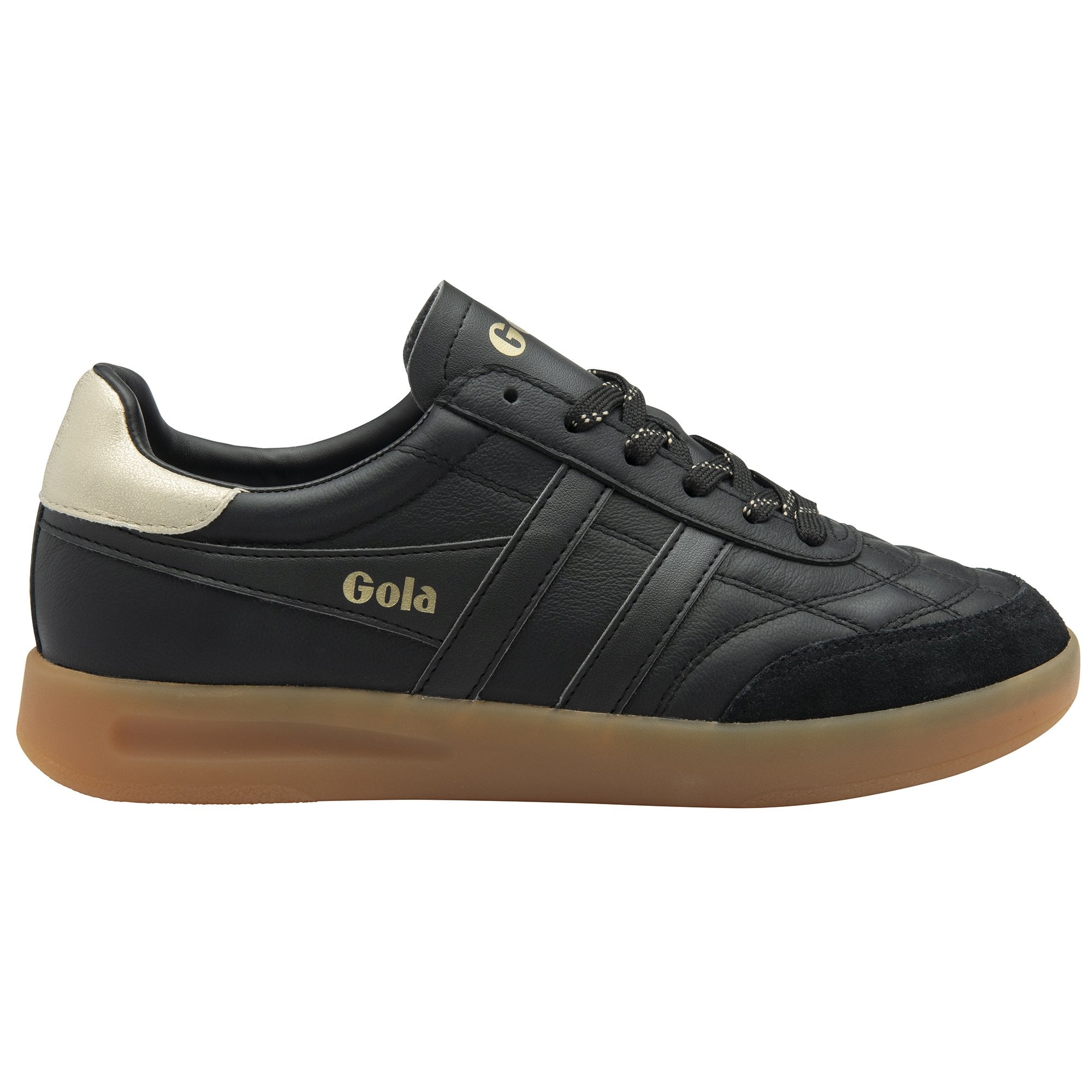 Gola Stadia leather women's trainers in black, gold, and gum with lace-up design and sporty sole detail.