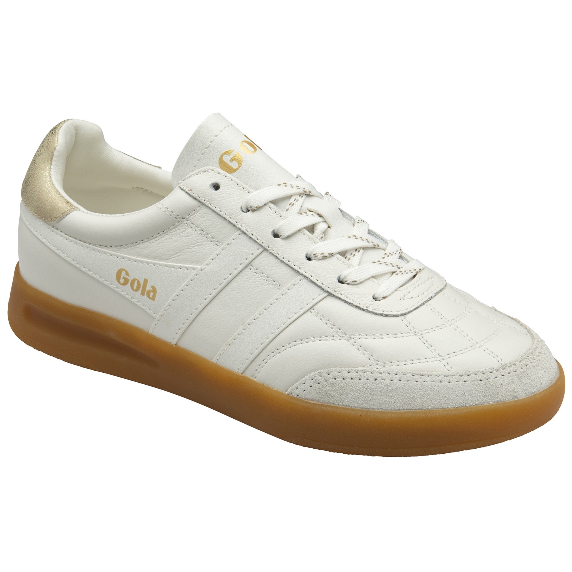 White leather women's lace-up trainers with gold accents and gum sole, Gola Stadia style.