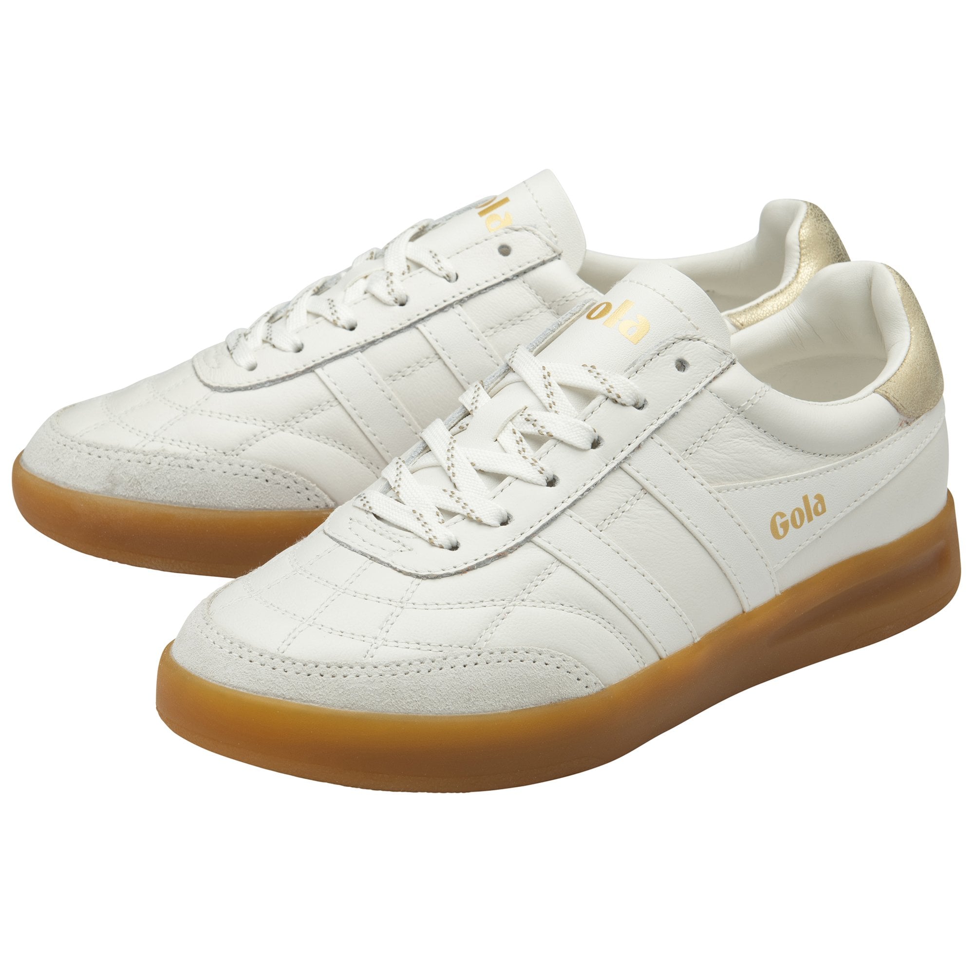 White and gold leather lace-up trainers with gum rubber sole, featuring 